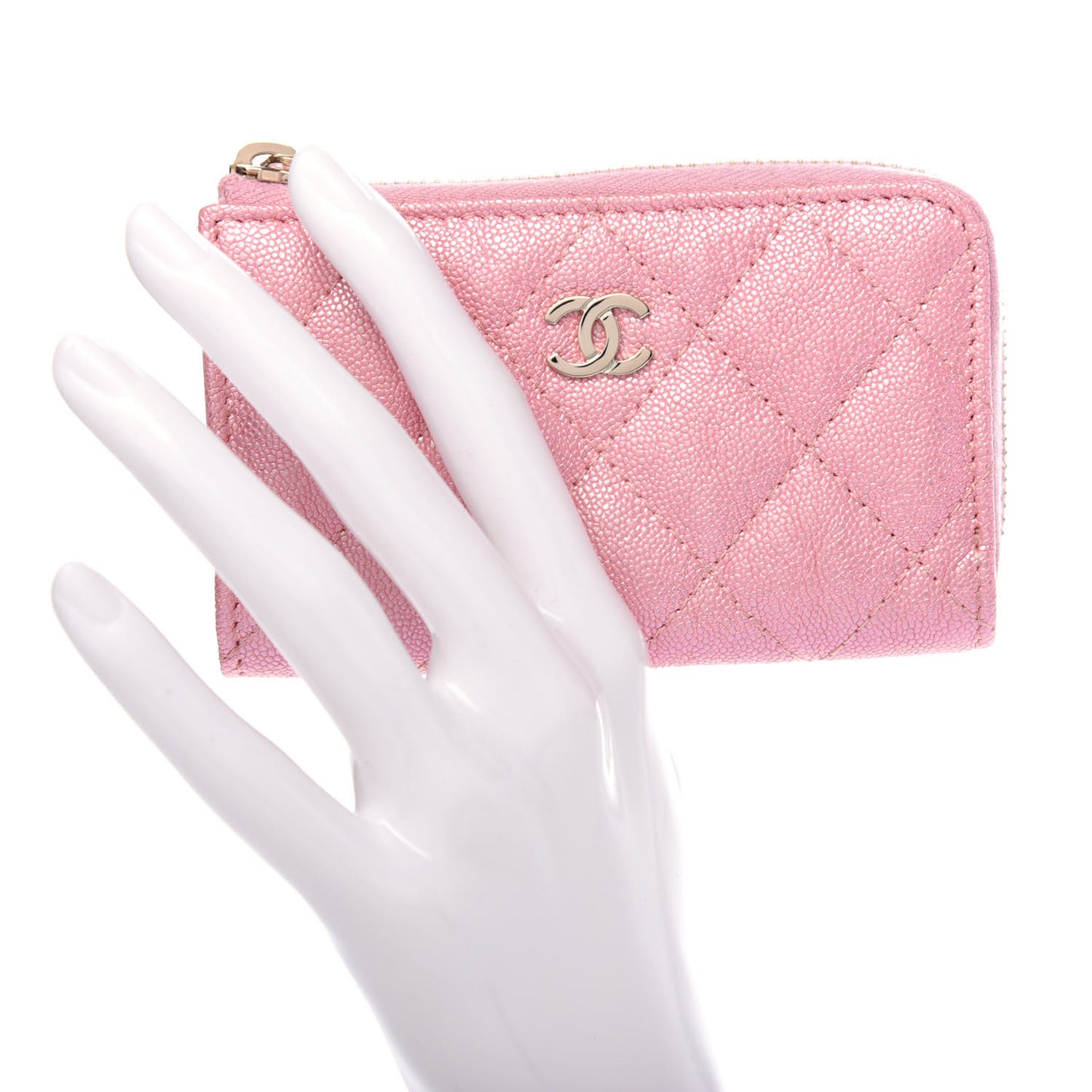Iridescent Caviar Quilted Zipped Key Holder Case Rose Pink