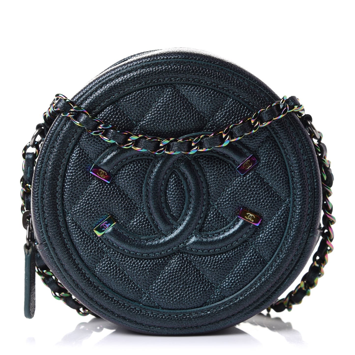 Iridescent Caviar Quilted Round Filigree Crossbody Dark Turquoise
