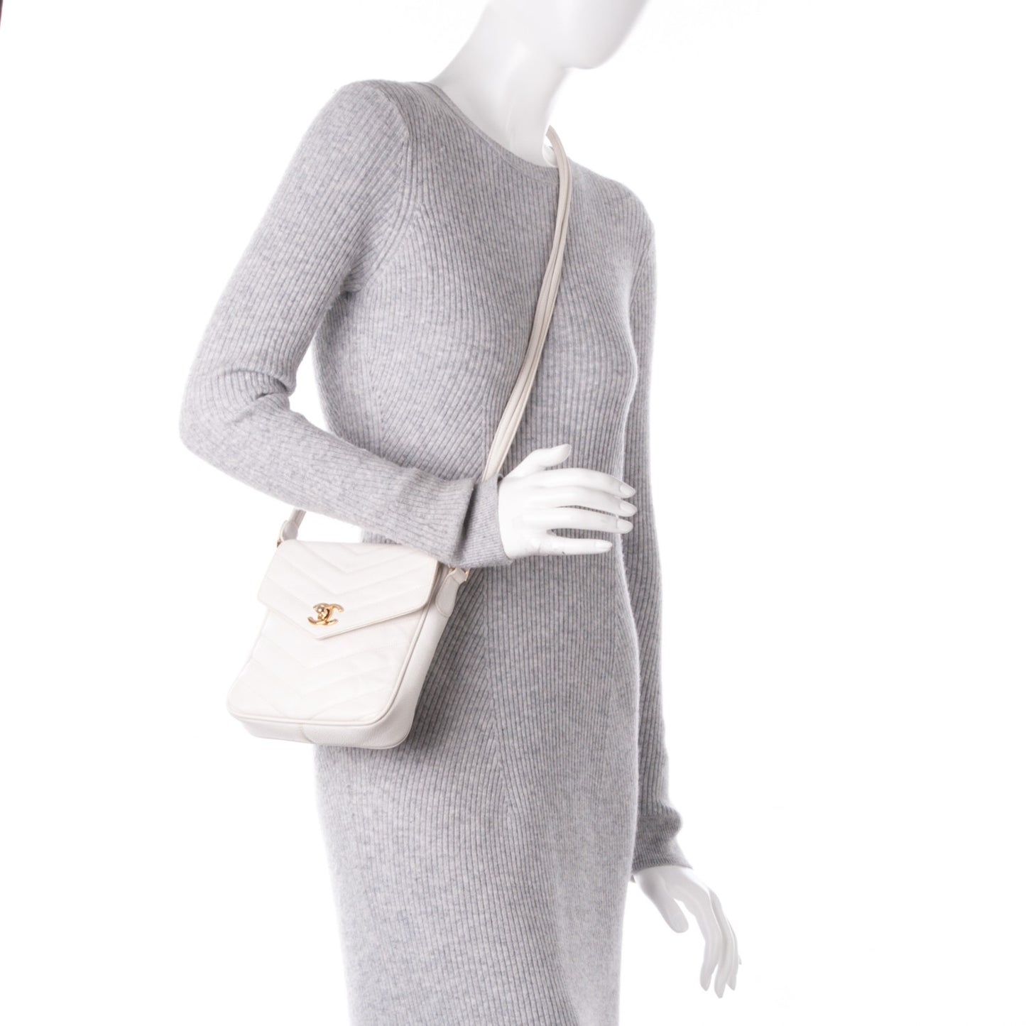 Caviar Chevron CC Shoulder Bag White