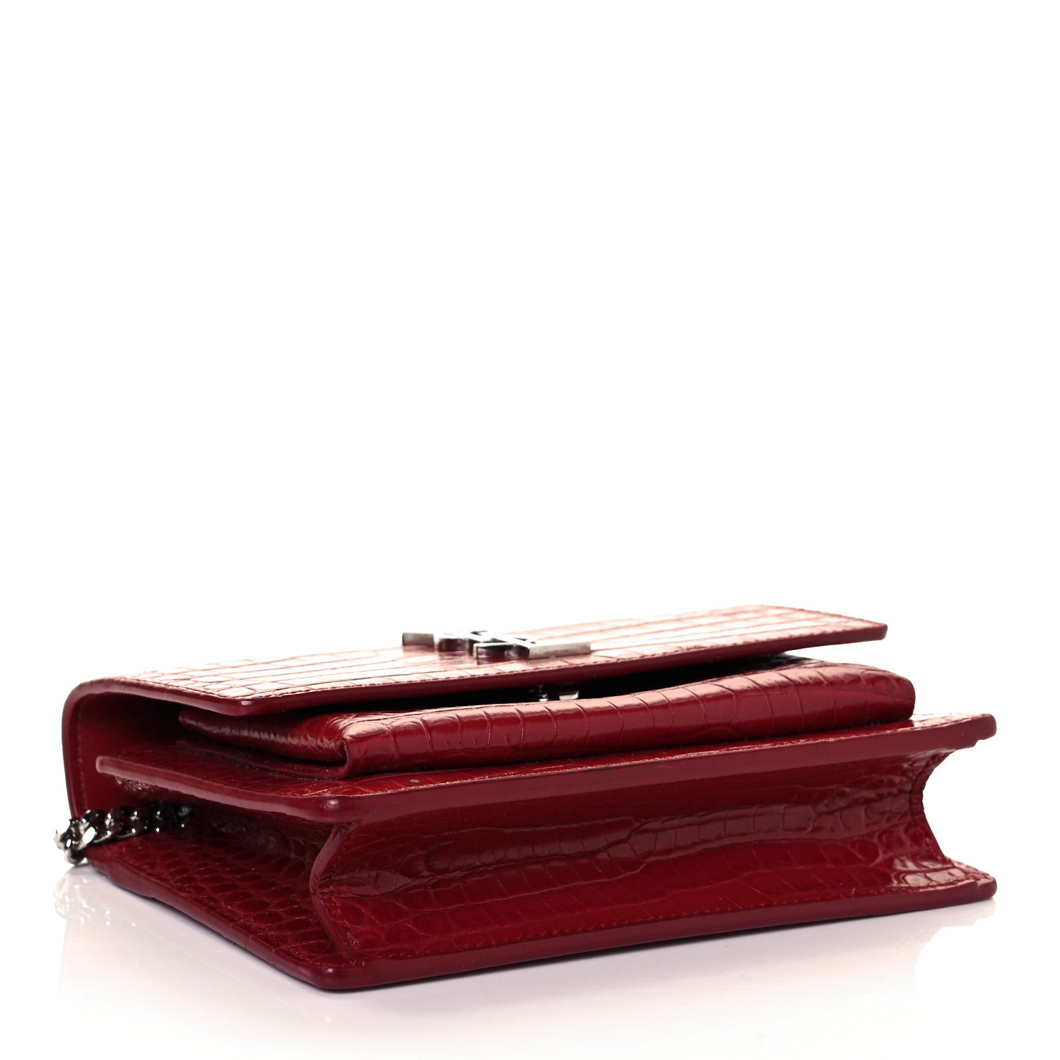 Saint Laurent Calfskin Crocodile Embossed Monogram Sunset Chain Wallet New Lipstick Red 3 of 9