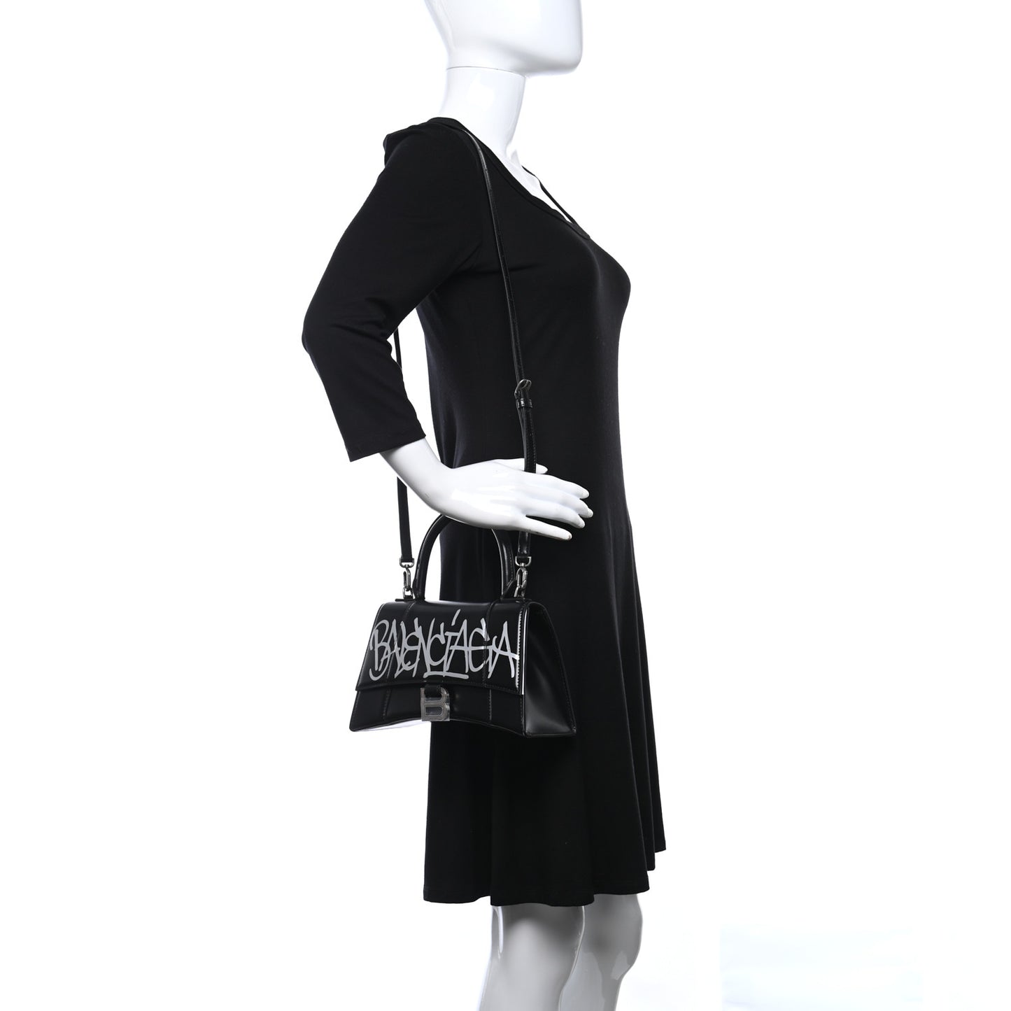 Shiny Box Calfskin Graffiti Logo Small Hourglass Top Handle Bag Black Silver