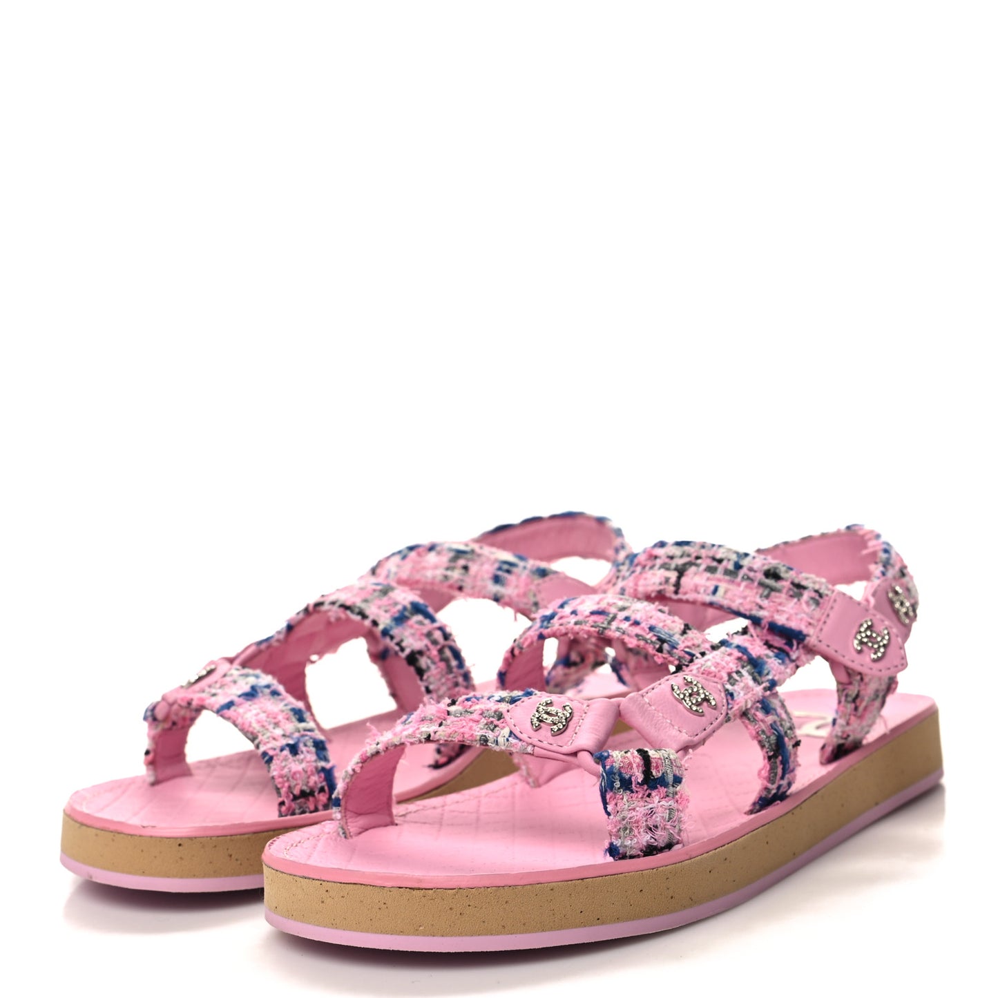 Tweed Lambskin Crystal CC Sandals 38.5 Pink Multicolor