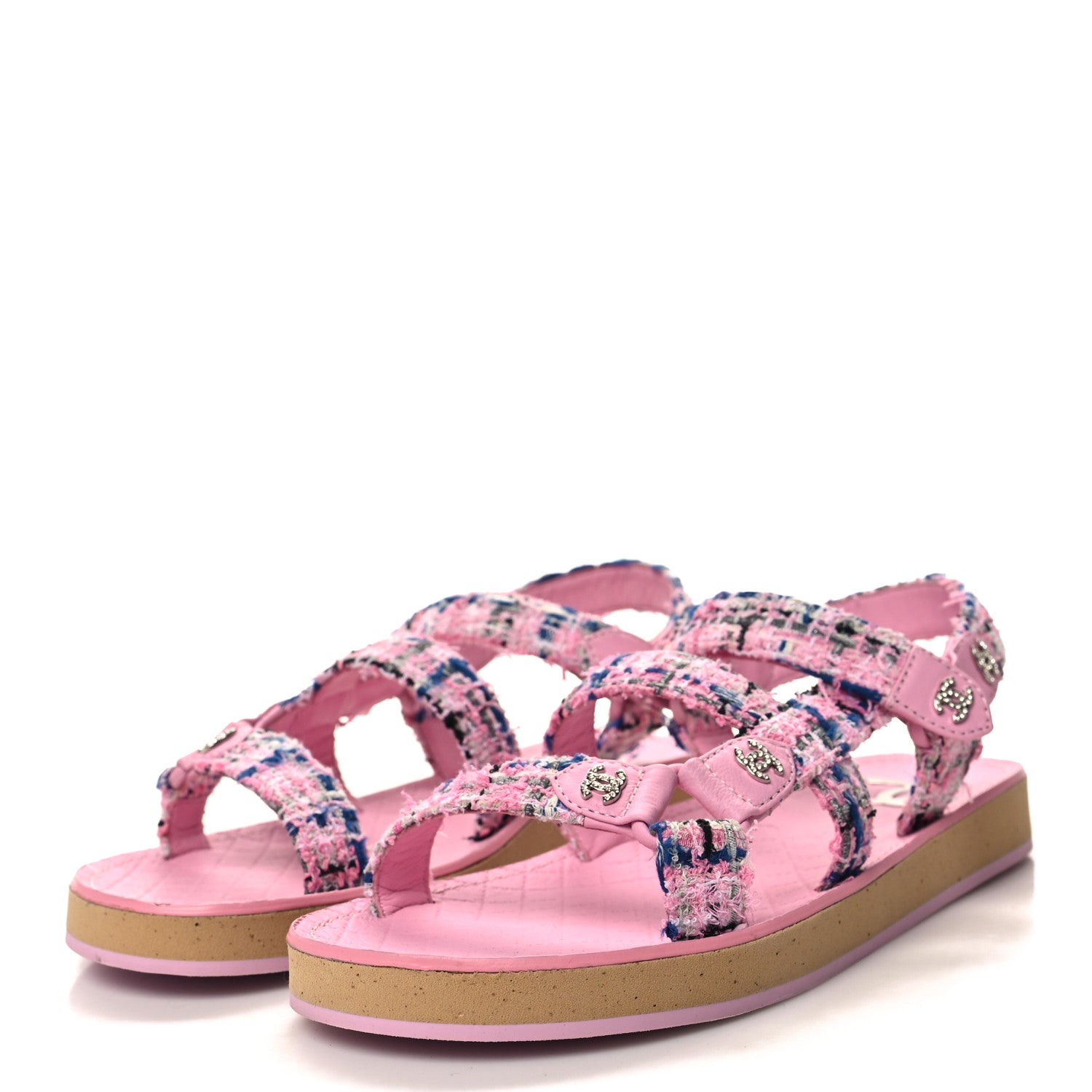 Chanel Tweed Lambskin Crystal CC Sandals 38.5 Pink Multicolor 3 of 8