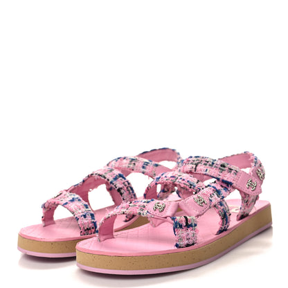 Chanel Tweed Lambskin Crystal CC Sandals 38.5 Pink Multicolor 3 of 8