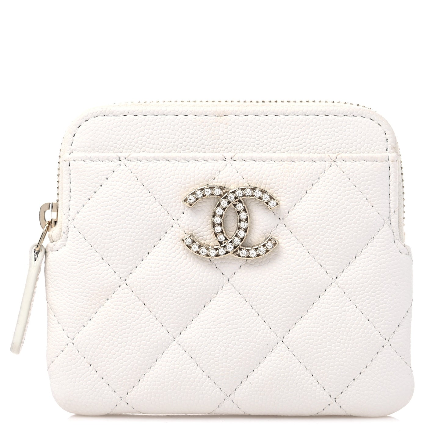 Caviar Quilted Crystal Zip Card Holder Wallet White