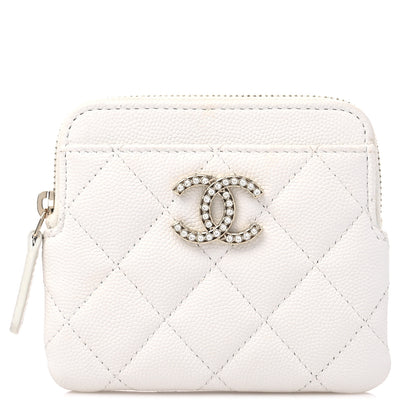 Chanel Caviar Quilted Crystal Zip Card Holder Wallet White 1 of 9