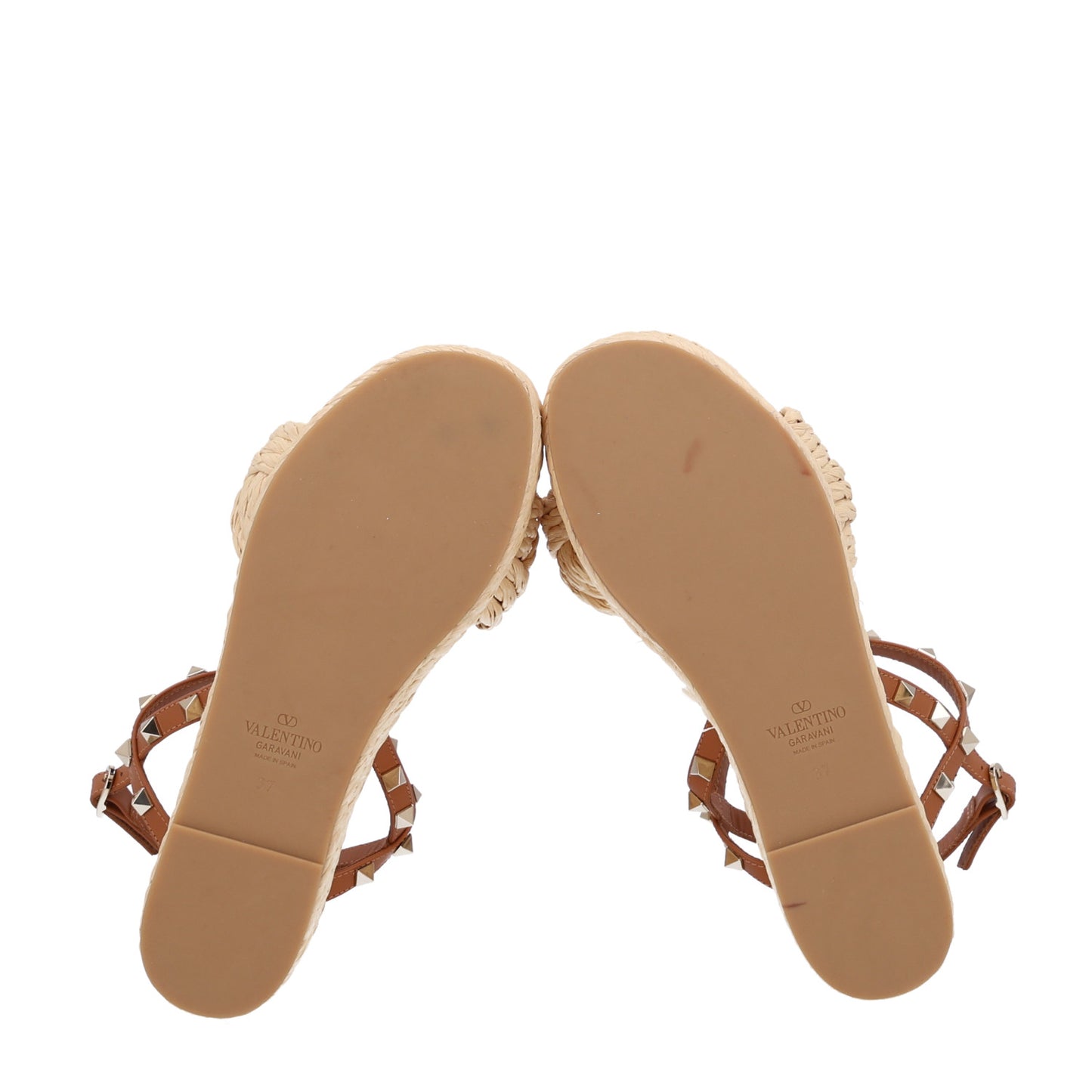 Calfskin Raffia Braided Rockstud Ankle Strap Espadrille 95mm Wedge Sandals 37 Almond Beige Naturale