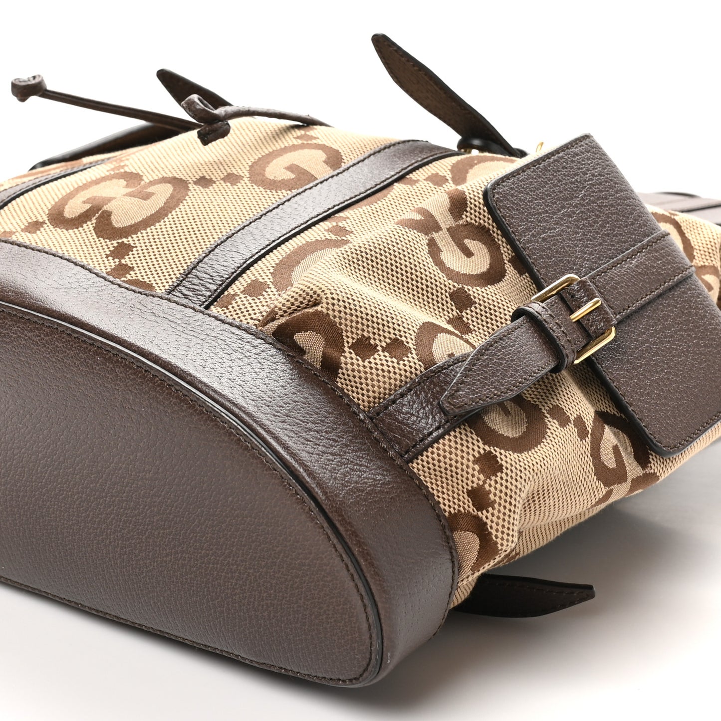 Monogram Jumbo GG Textured Dollar Calfskin Web Double Buckle Backpack Camel Ebony New Acero