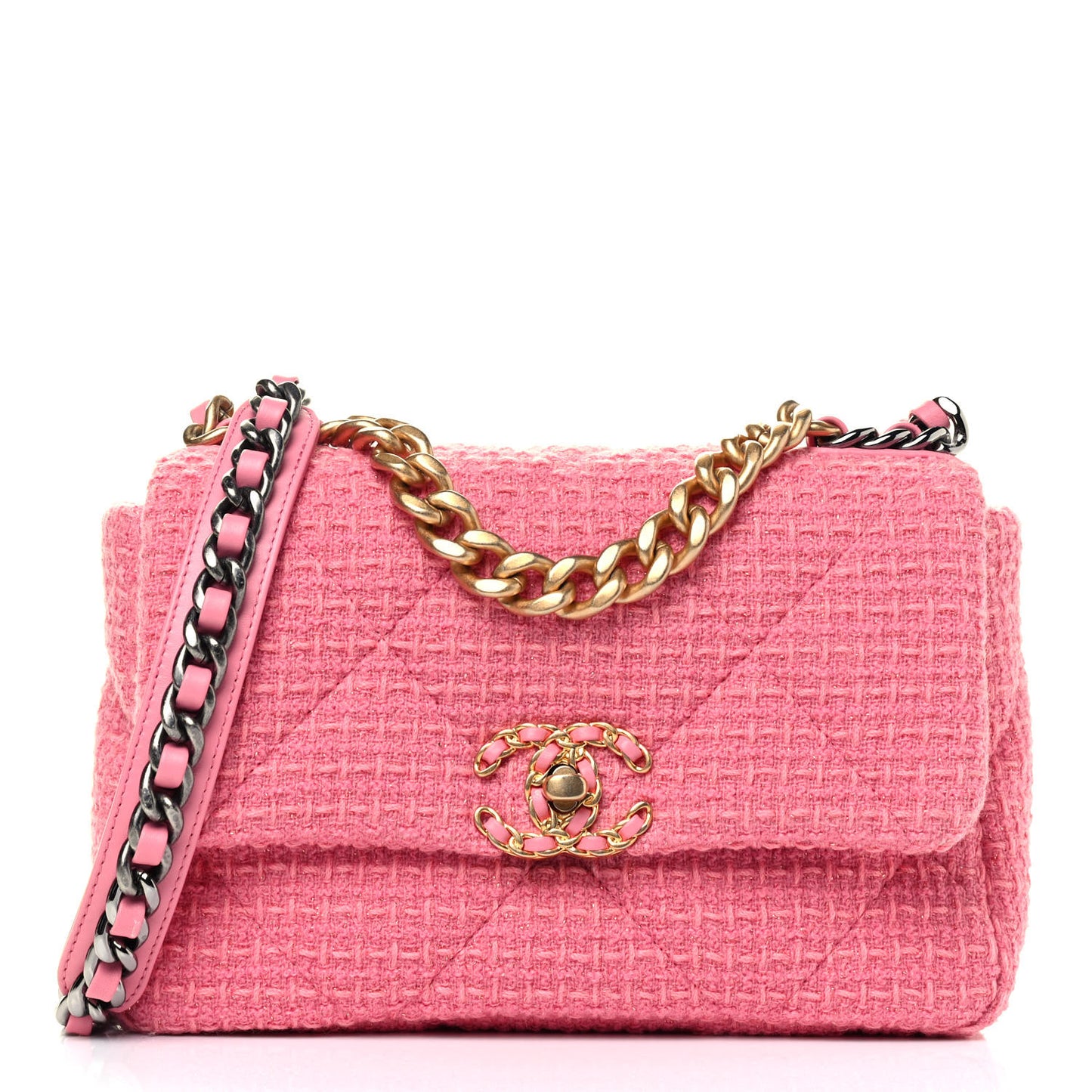 Metallic Tweed Quilted Medium Chanel 19 Flap Pink