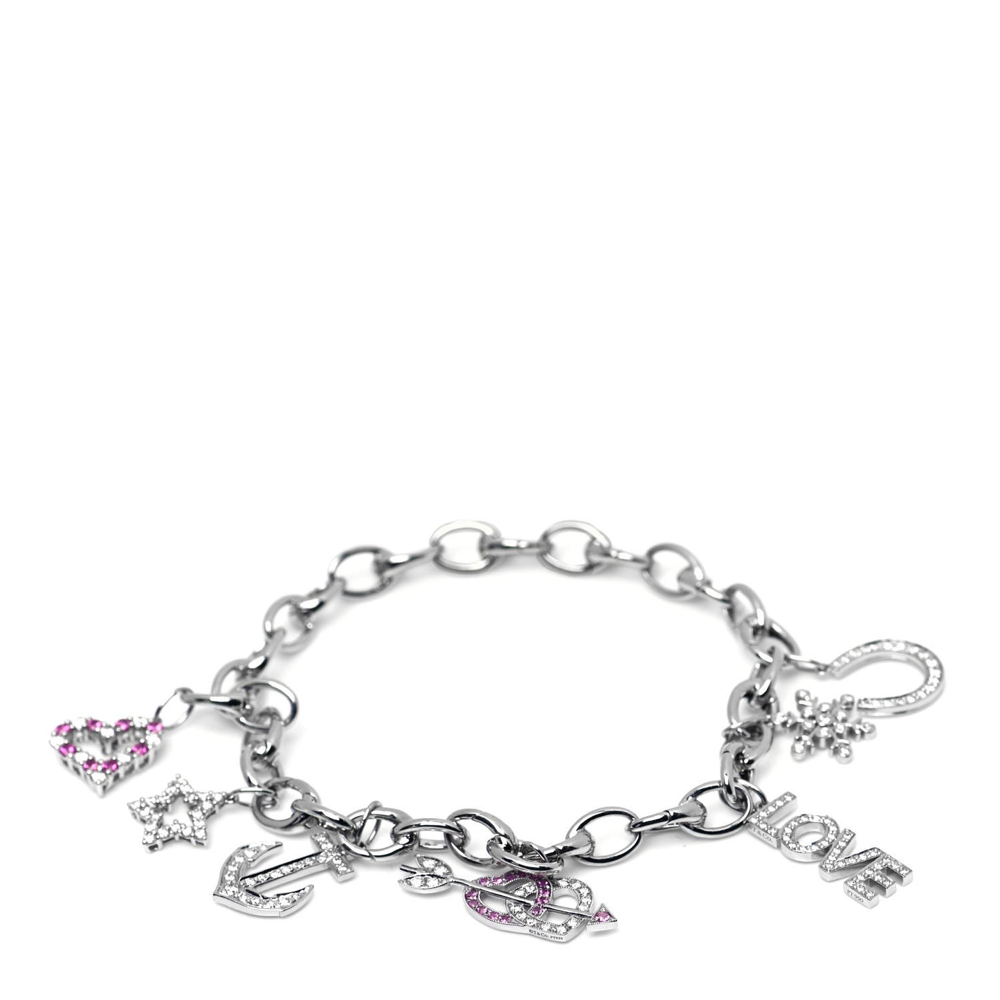 Platinum Diamond Pink Sapphire Clasping Link 7 Charm Bracelet