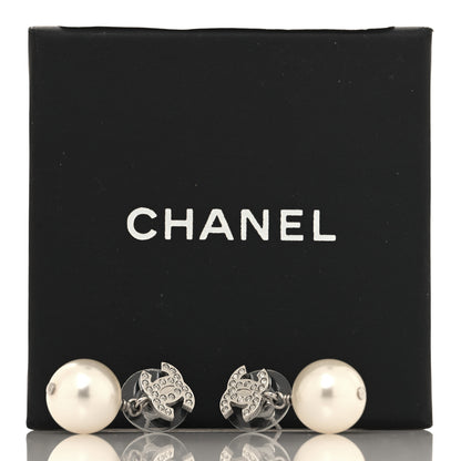 Chanel Crystal Pearl CC Drop Earrings Silver Pearly White 5 of 5