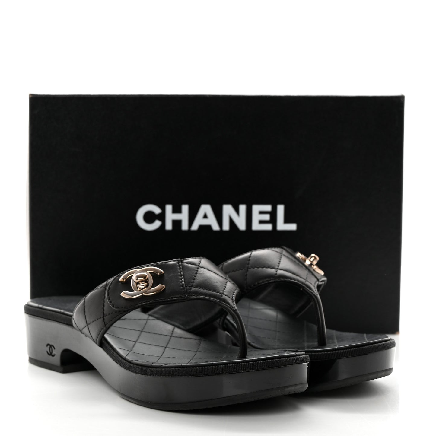 Lambskin Quilted CC Turnlock Thong Sandals 39.5 Black