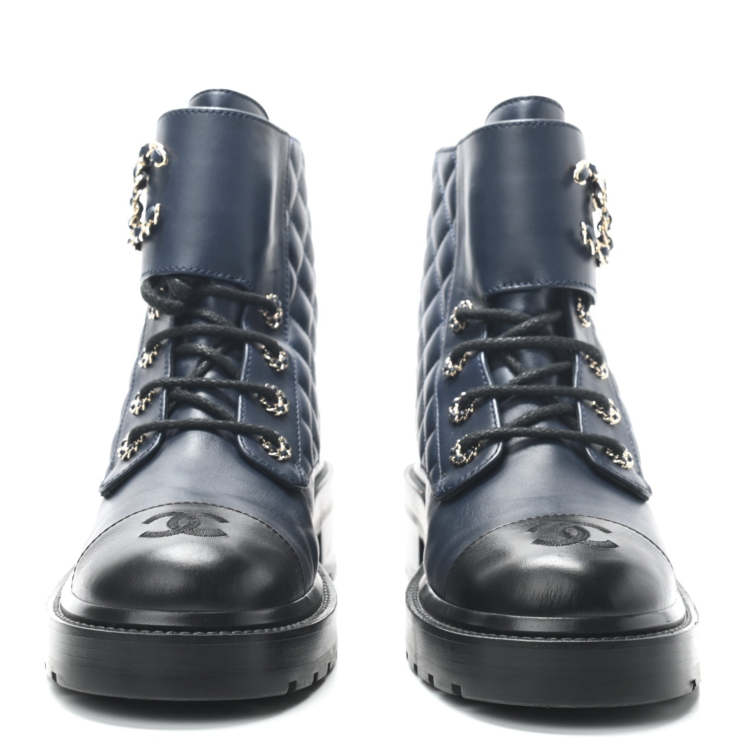 Chanel Lambskin Calfskin Quilted Lace Up Combat Boots 39 Navy Black 2 of 7