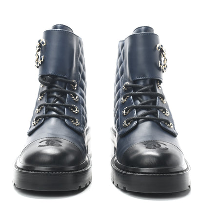 Chanel Lambskin Calfskin Quilted Lace Up Combat Boots 39 Navy Black 2 of 7