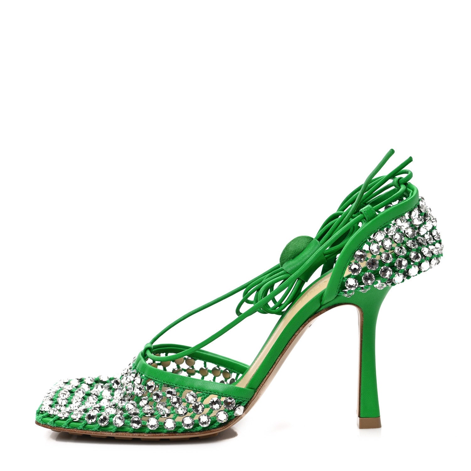 Bottega Veneta Mesh Nappa Crystal Embellished Sparkle Stretch Ankle Tie Sandals 38.5 Parakeet 1 of 7