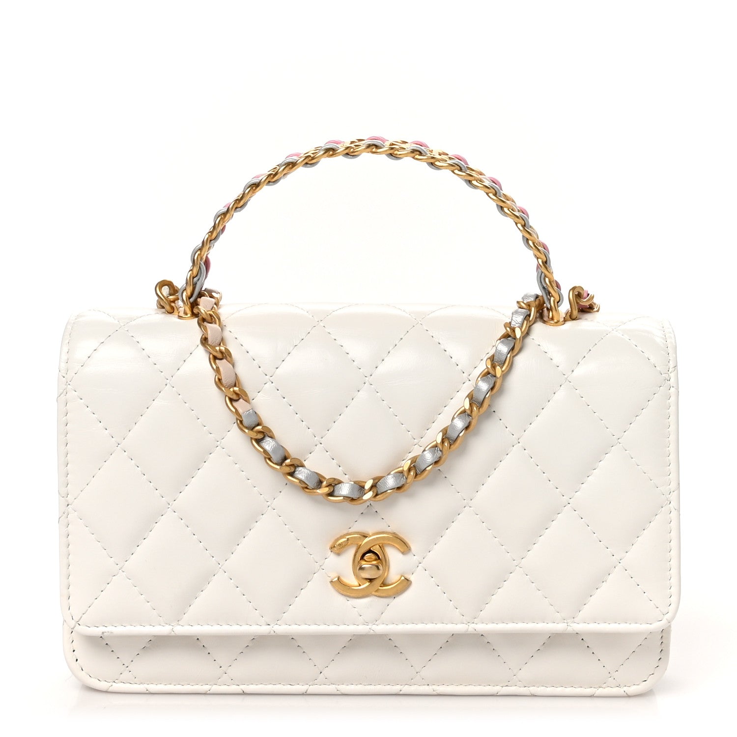 Chanel Shiny Calfskin Quilted Multicolor Top Handle Wallet On Chain WOC White 1 of 11