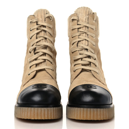 Chanel Suede Calfskin Velvet Quilted CC Combat Boots 41 Beige Black 2 of 9