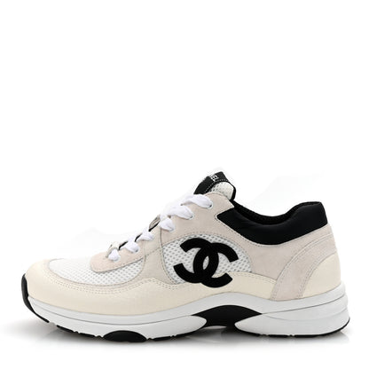 Chanel Mesh Suede Calfskin Grained Calfskin Womens CC Sneakers 41 White Black 1 of 10