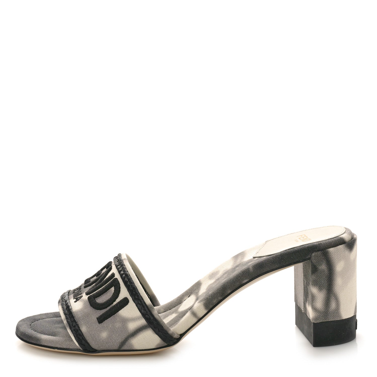 Fendi Canvas Floral Print Logo Mid-Heel Slide Sandals 39 Black White 1 of 10