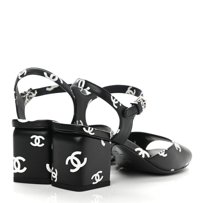 Chanel Printed Lambskin CC Sandals 36 Black White 4 of 10