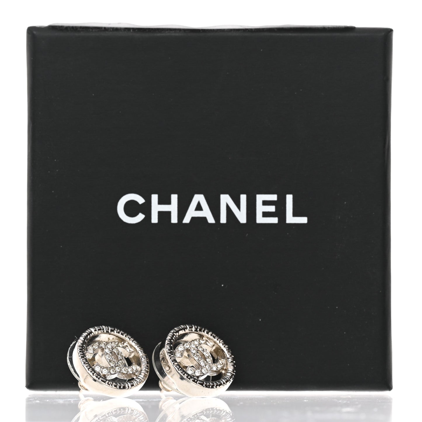 Metal Crystal Textured CC Round Earrings Silver