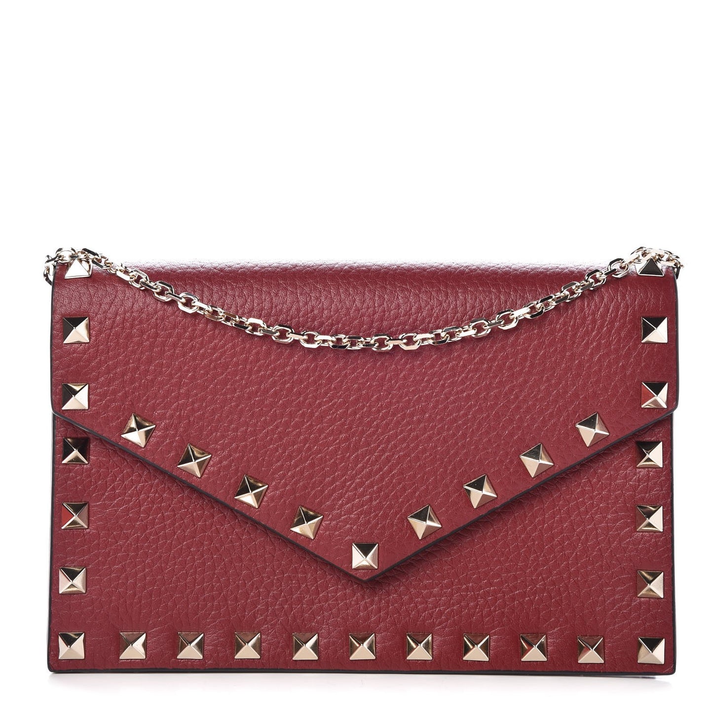 Pebbled Calfskin Rockstud Envelope Wallet on Chain Rubino