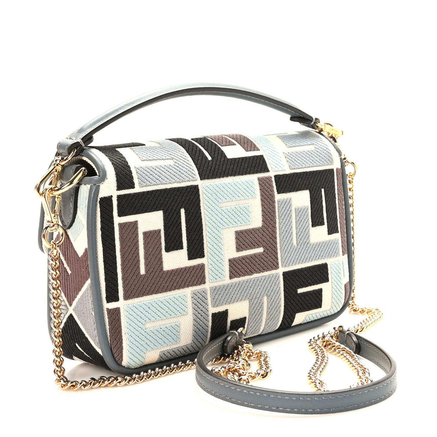 Canvas Vitello Seta FF Multicolor Embroidered Mini Baguette Multicolor Anice Tortora