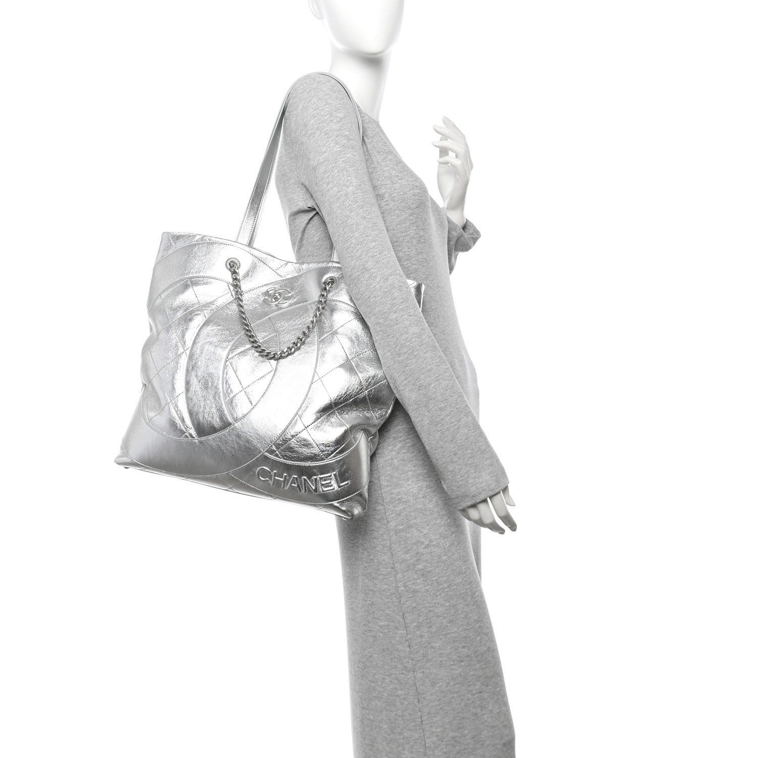 Chanel Metallic Calfskin Stitched CC Shopper Tote Silvery 2 of 11