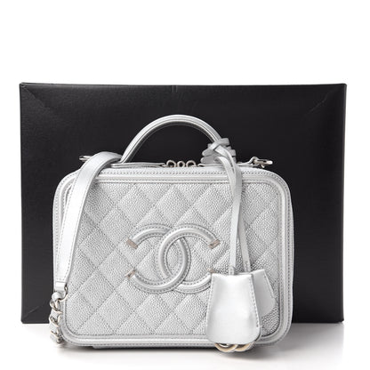 Chanel Metallic Caviar Quilted Medium CC Filigree Vanity Case Silver 11 of 11