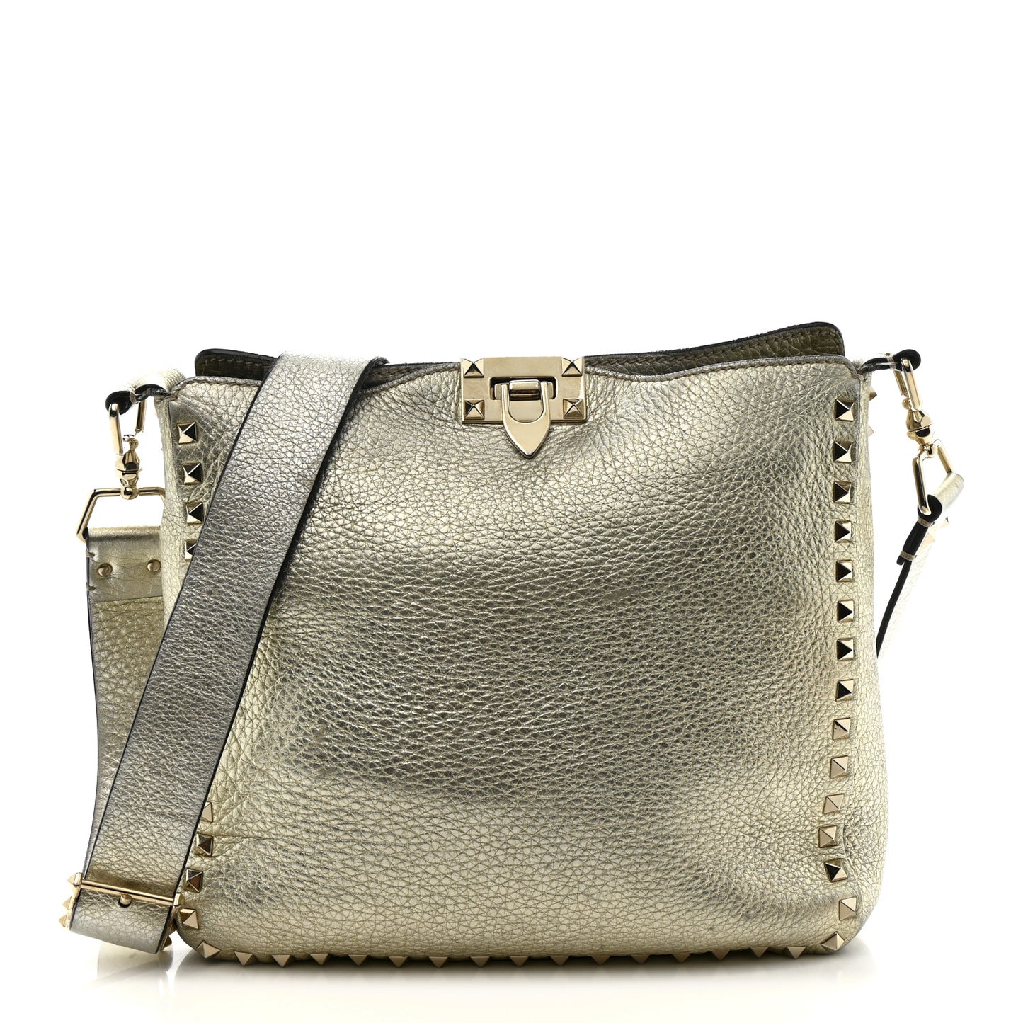 Metallic Pebbled Calfskin Small Rockstud Flip-Lock Messenger Bag Platino