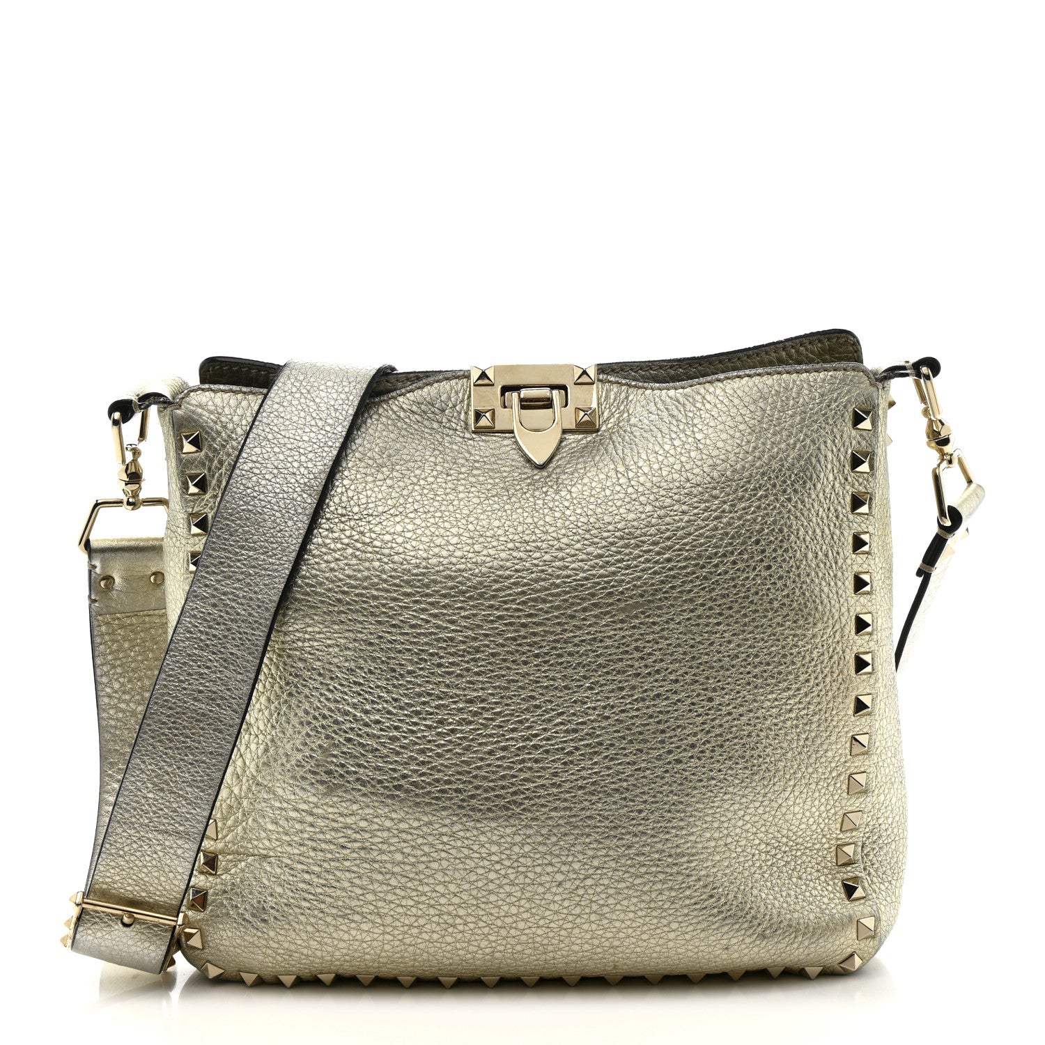 Valentino Garavani Metallic Pebbled Calfskin Small Rockstud Flip-Lock Messenger Bag Platino 1 of 19