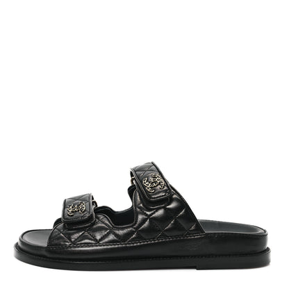 Chanel Lambskin Quilted Velcro Dad Chain CC Slide Sandals 37 Black 1 of 10