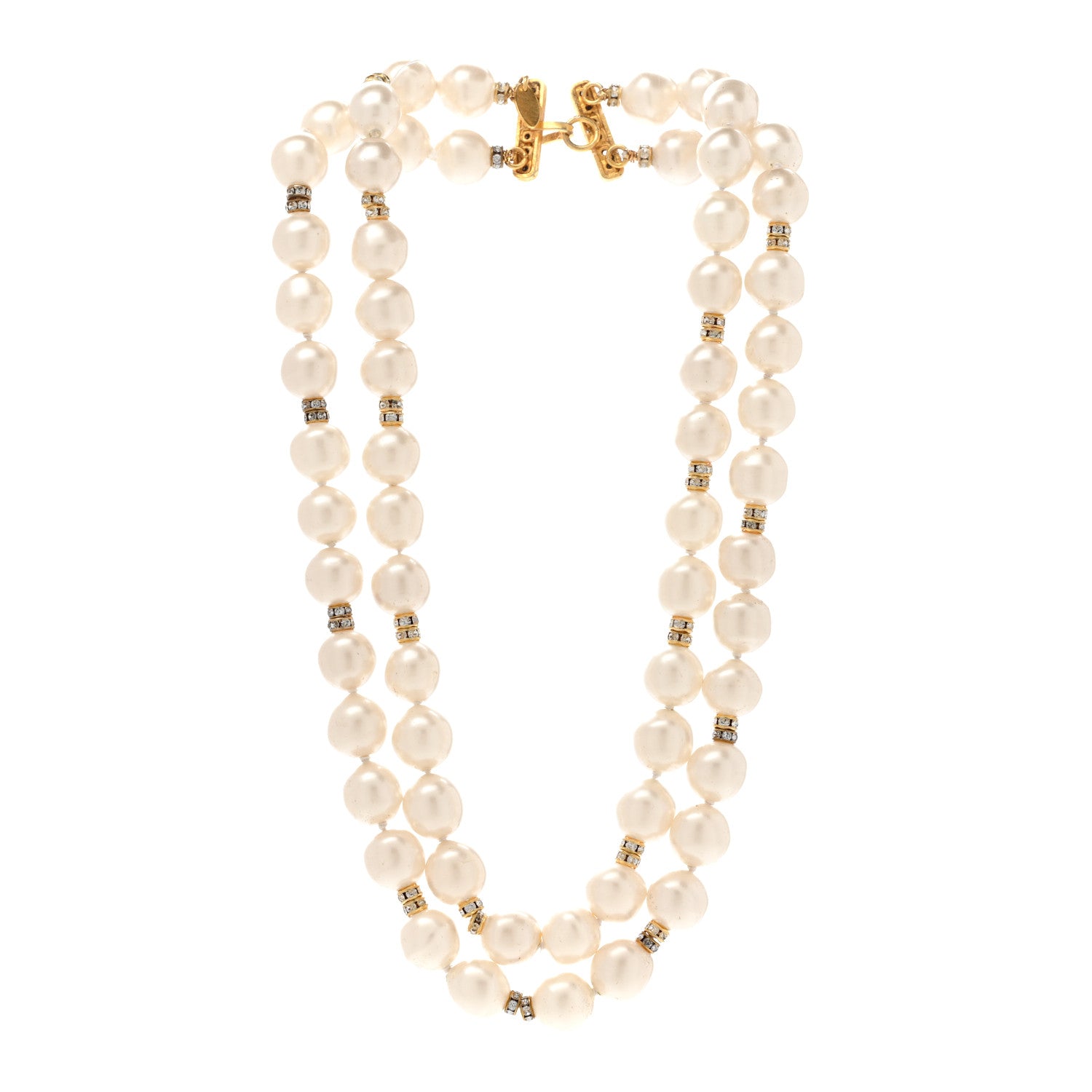 Chanel Pearl Crystal Double Strand Necklace Gold 3 of 9