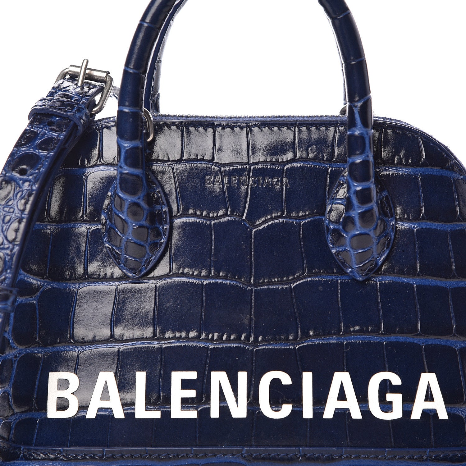 Balenciaga Shiny Calfskin Logo Crocodile Embossed XXS Ville Top Handle Bag Navy White 9 of 11