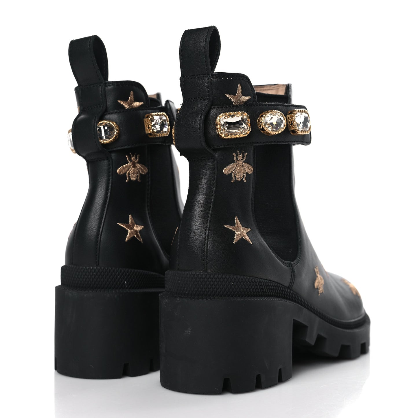 Calfskin Bee Star Embroidered Belt Ankle Boots 36.5 Black