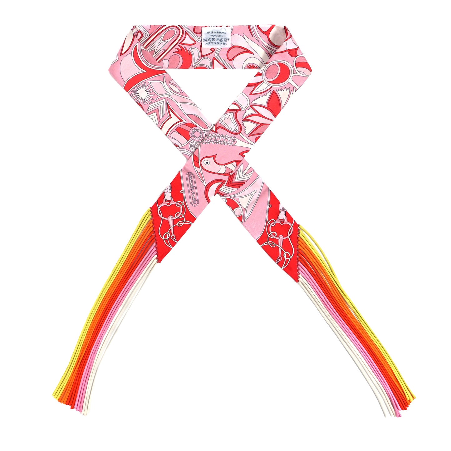 Silk Folklore Fringed Twilly Rose Rouge White