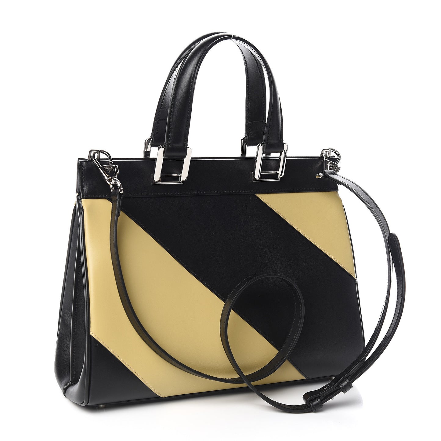 Smooth Calfskin Diagonal Striped Small Zumi Top Handle Bag Black Beige
