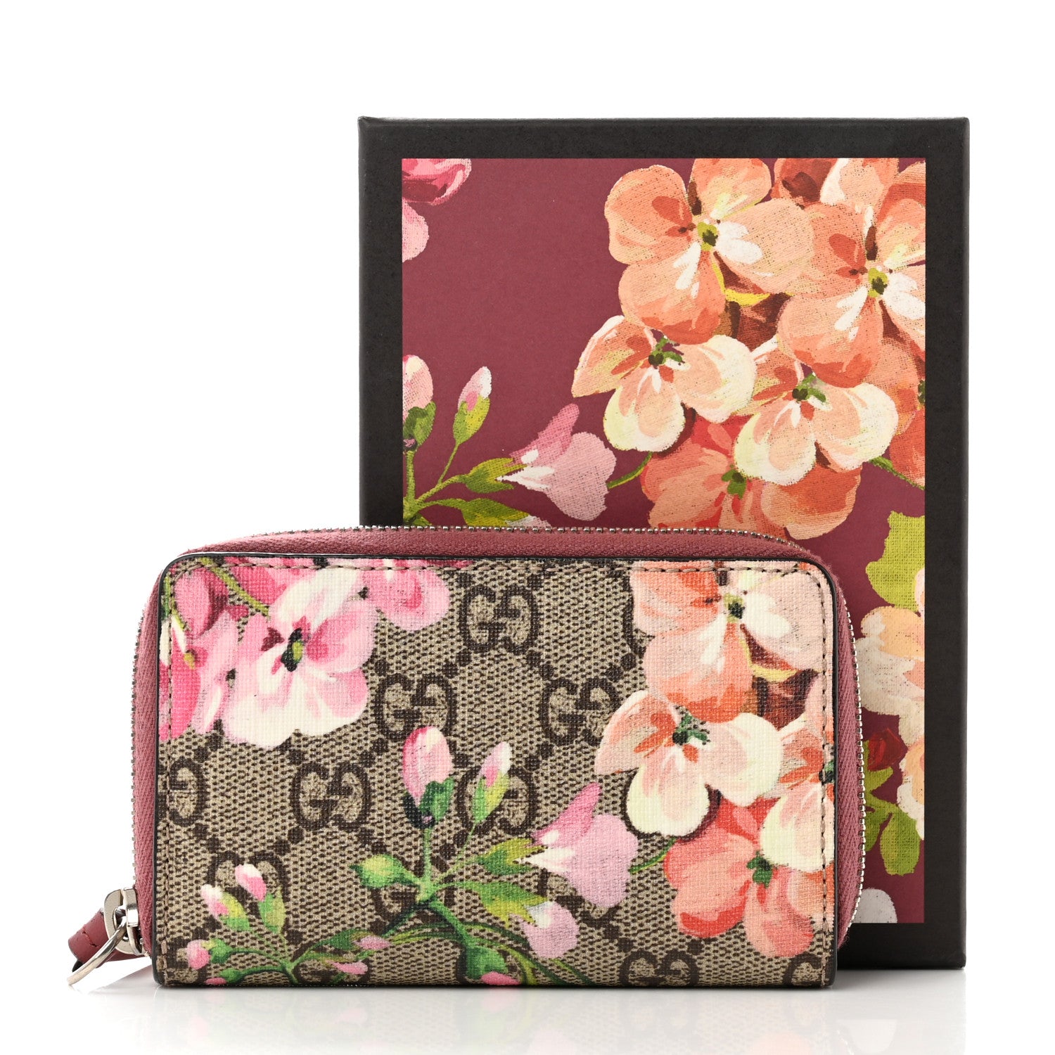 Gucci GG Supreme Monogram Blooms Zip Around Card Case Wallet Beige Multicolor Dry Rose 7 of 7