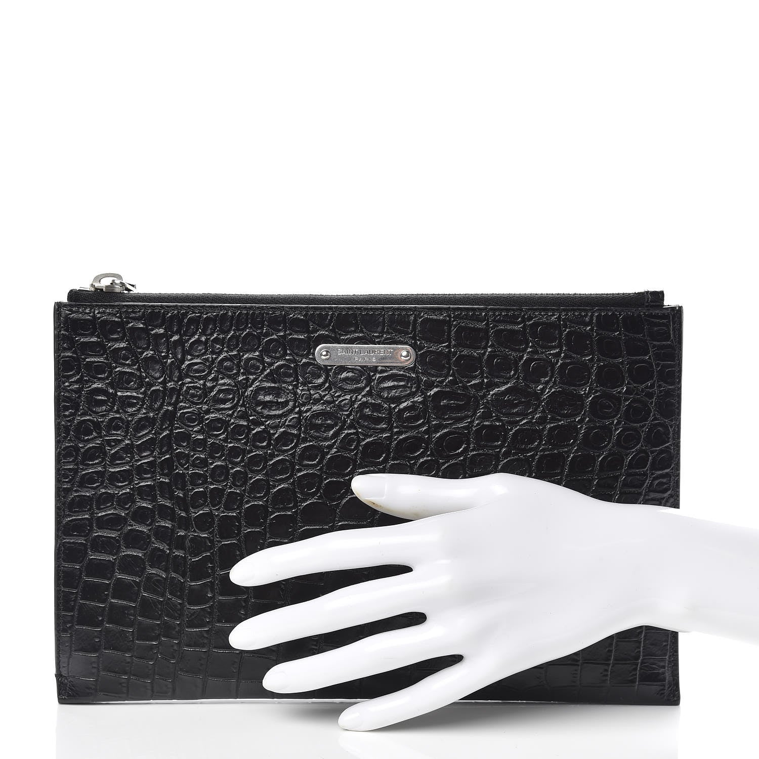 Saint Laurent Calfskin Crocodile Embossed ID Mini Tablet Holder Black 2 of 9
