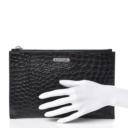 Saint Laurent Calfskin Crocodile Embossed ID Mini Tablet Holder Black 2 of 9