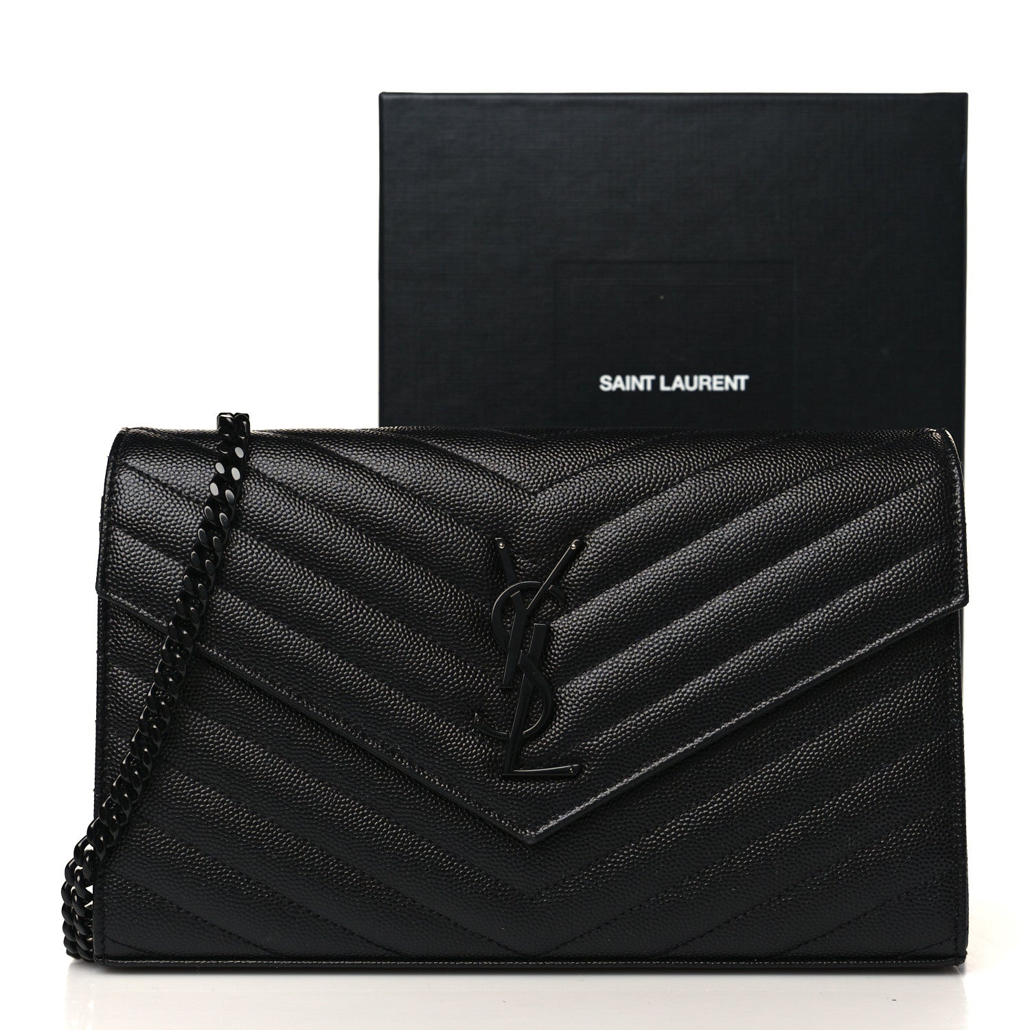 Saint Laurent Grain De Poudre Matelasse Chevron Monogram Monochrome Chain Wallet Black 9 of 9