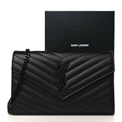 Saint Laurent Grain De Poudre Matelasse Chevron Monogram Monochrome Chain Wallet Black 9 of 9