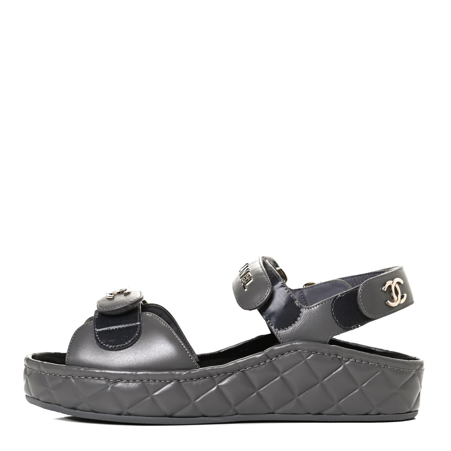 Chanel Shiny Calfskin Logo Platform Sandals 38 Grey 1 of 12