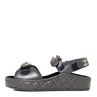 Chanel Shiny Calfskin Logo Platform Sandals 38 Grey 1 of 12