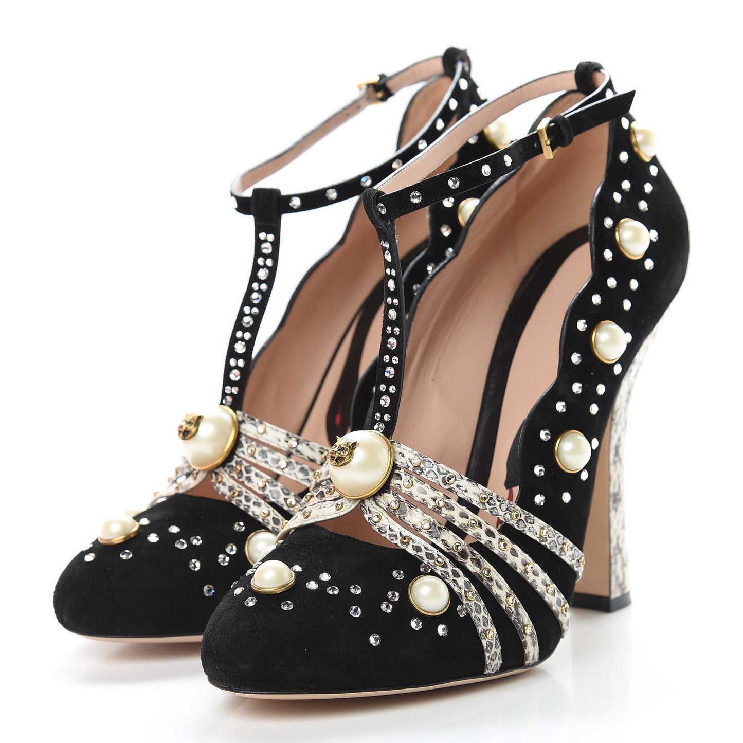 Suede Snakeskin Pearl Studded Ofelia Pumps 41.5 Black