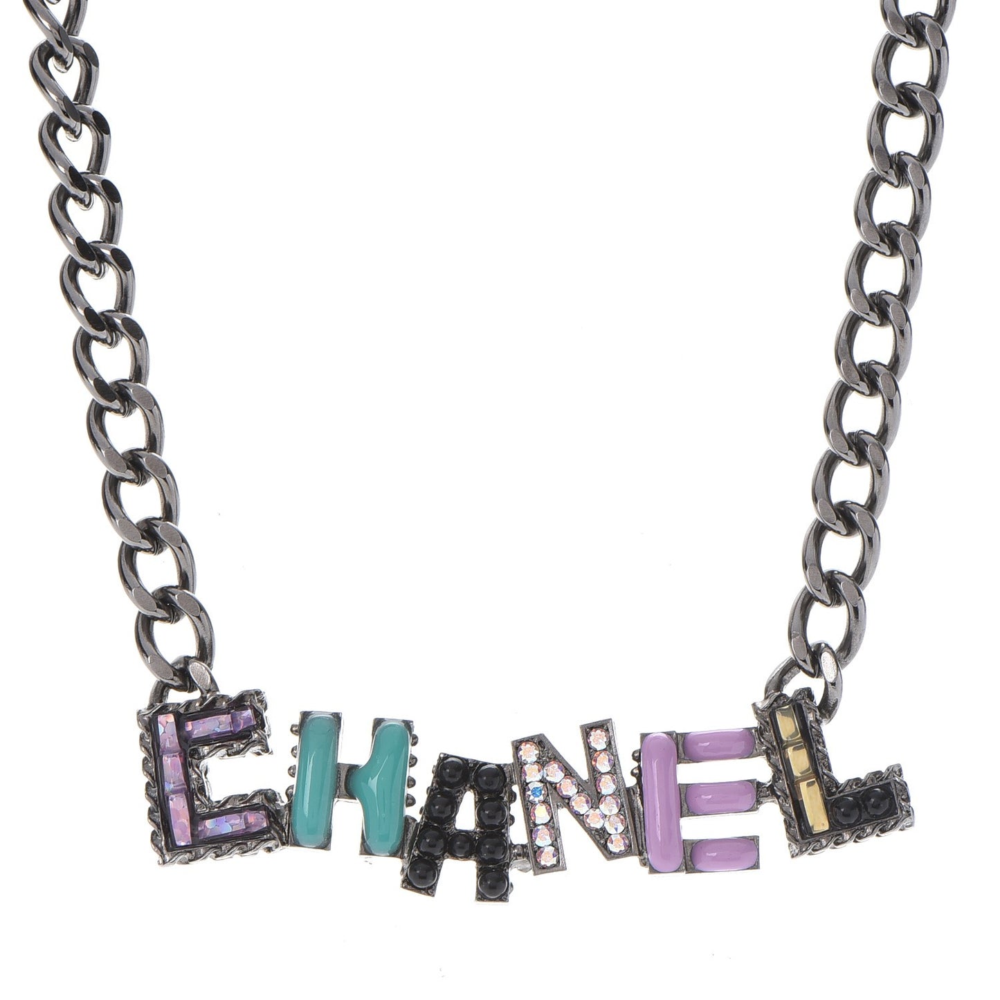 Metal Strass Enamel CC Chain Link Choker Necklace Dark Silver