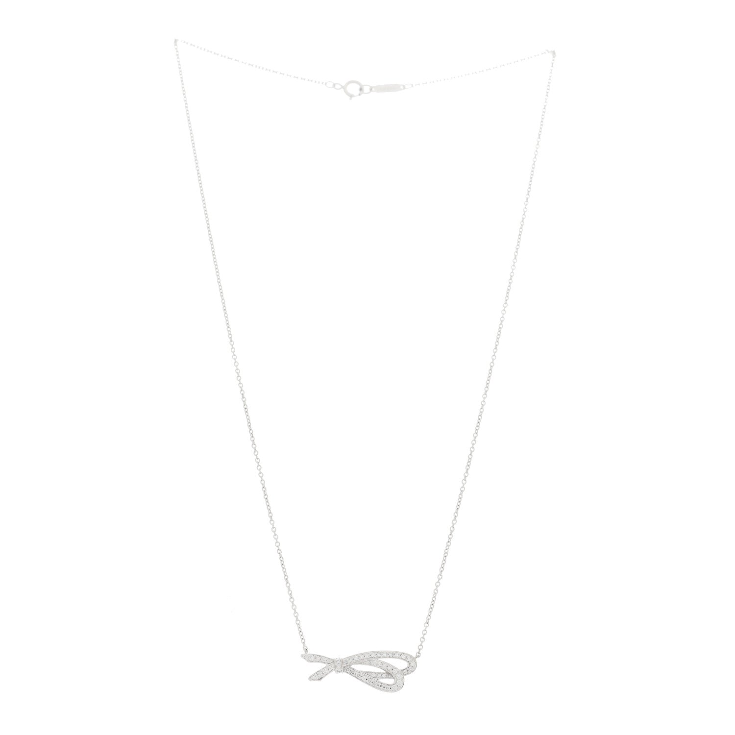 Tiffany 18K White Gold Diamond Bow Pave Pendant Necklace 3 of 6