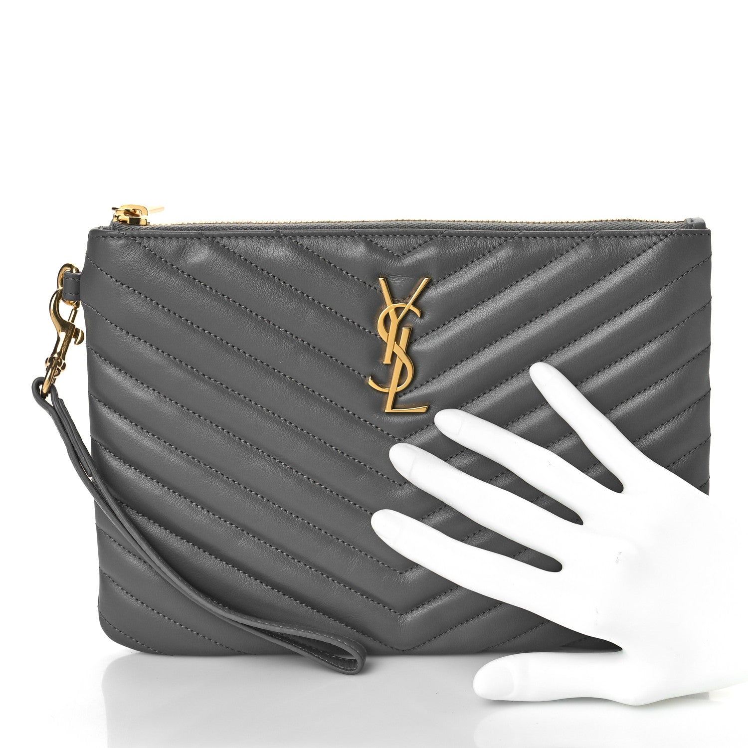 Saint Laurent Calfskin Matelasse Chevron Monogram A5 Wristlet Earth 2 of 9