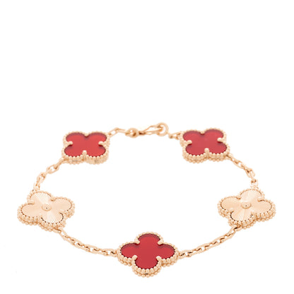 Van Cleef & Arpels 18K Rose Gold Carnelian 5 Motifs Guilloche Vintage Alhambra Bracelet 1 of 5