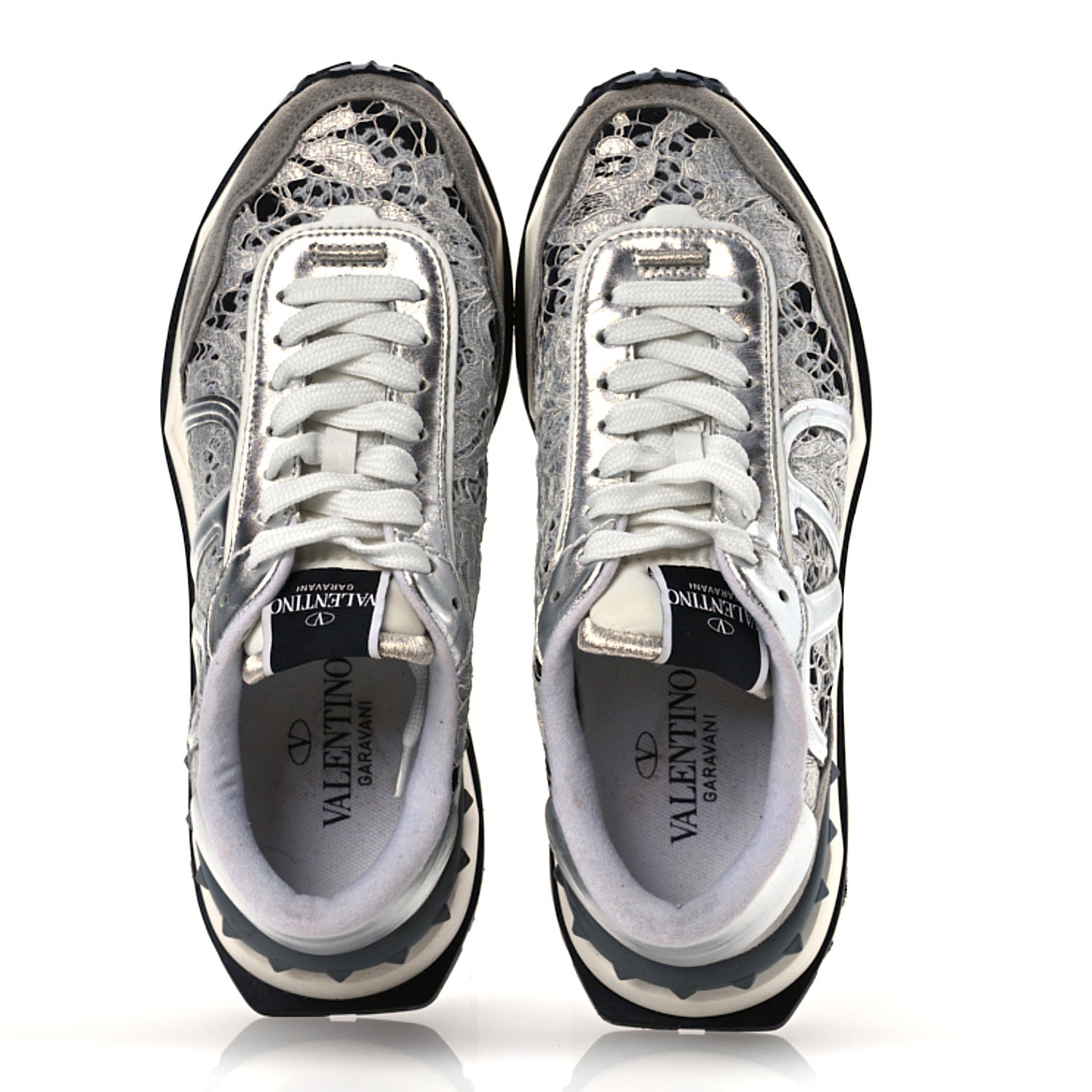 Valentino Garavani Metallic Calfskin Lace Mesh Lacerunner Sneaker 37.5 Silver Pastel Gray 2 of 15